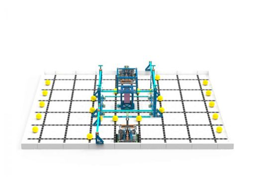 Mesa de competición de robótica VEX con campo y elementos de juego