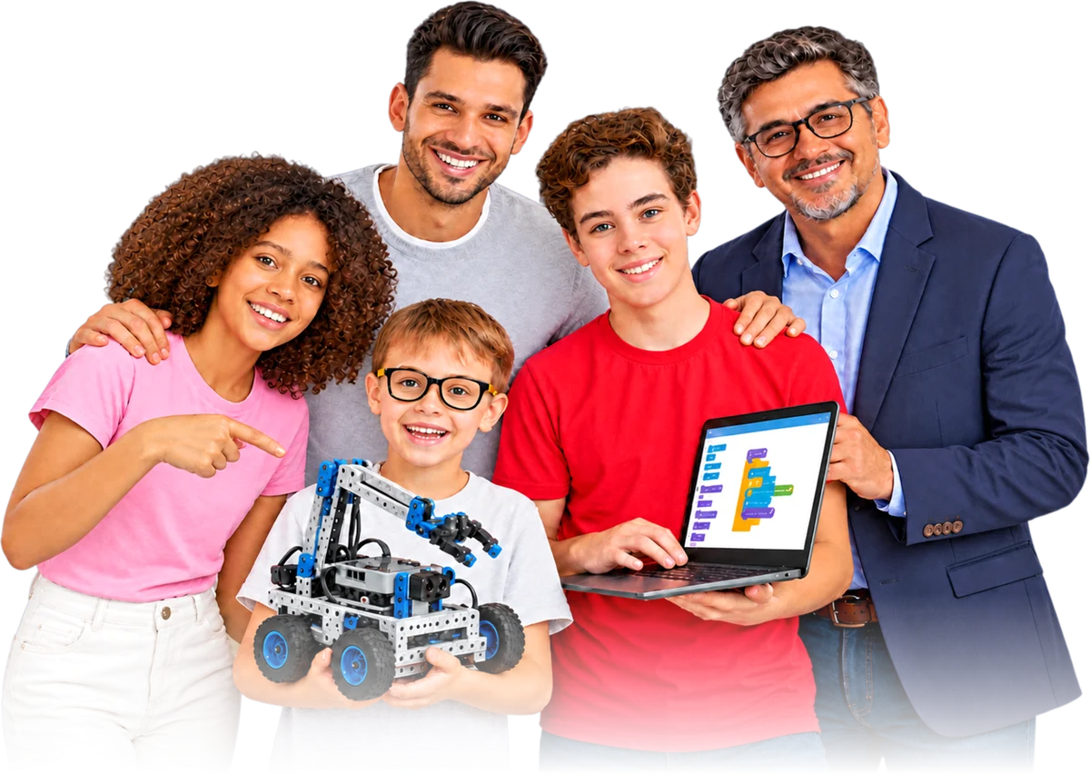 Niños, jóvenes, un mentor y un directivo de Robotic Minds con un robot VEX y programación por bloques en una laptop